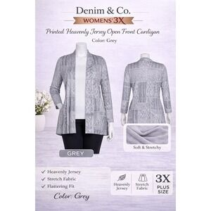 Denim & Co Womens 3X Printed Heavenly Jersey Open Front Cardigan Grey A271578